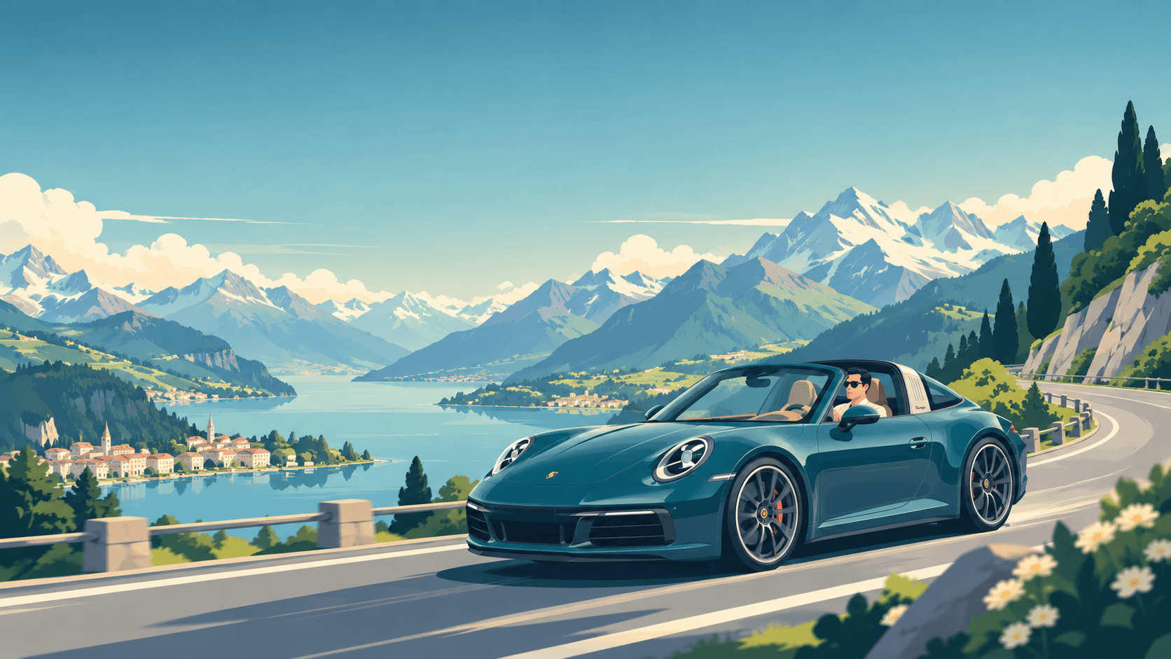 Porsche 911 Targa driving through the Alps